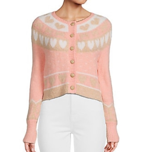 LoveShackFancy Dimples Heart Print Crop Cardigan in Champagne Toast |S - Picture 6 of 8